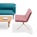 Modern living room furniture with turquoise sofa, pink lounge chair, and wooden coffee table. (Dusty Rose-Brass)