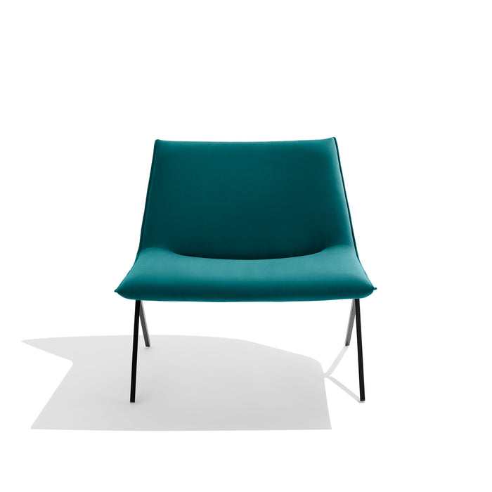 Modern teal designer chair with sleek black legs on white background. (Teal-Black)