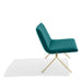 Modern teal lounge chair with metal legs on white background. (Teal-Brass)
