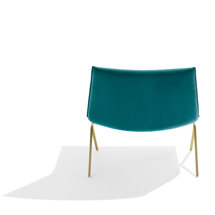 Elegant teal lounge chair with gold legs on a white background. (Teal-Brass)