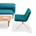 Modern teal sofa and chair with a wooden coffee table on a white background. (Teal-Brass)