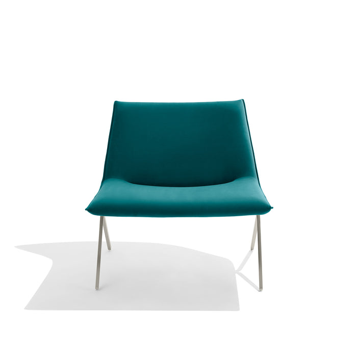Modern teal designer chair with sleek white legs on a white background. (Teal-Nickel)
