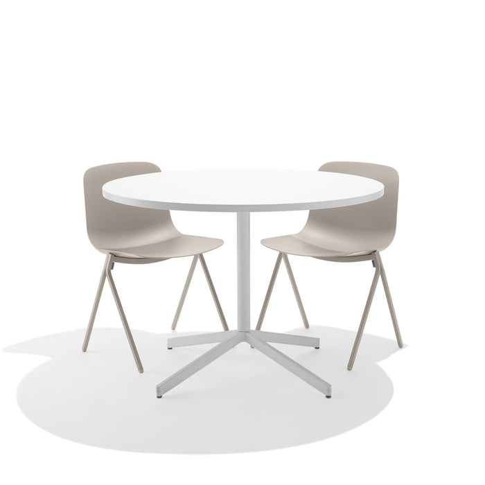 Modern white round table with two beige chairs on a white background. (Warm Gray)