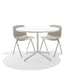 Modern white round table with two beige chairs on a white background. (Warm Gray)