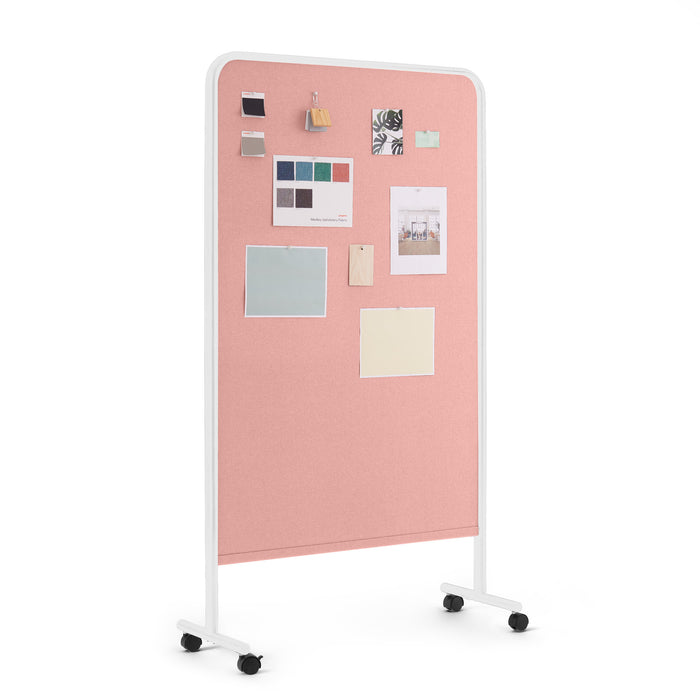 Mobile pink bulletin board on wheels with notes and pictures pinned to it (White-Blush)