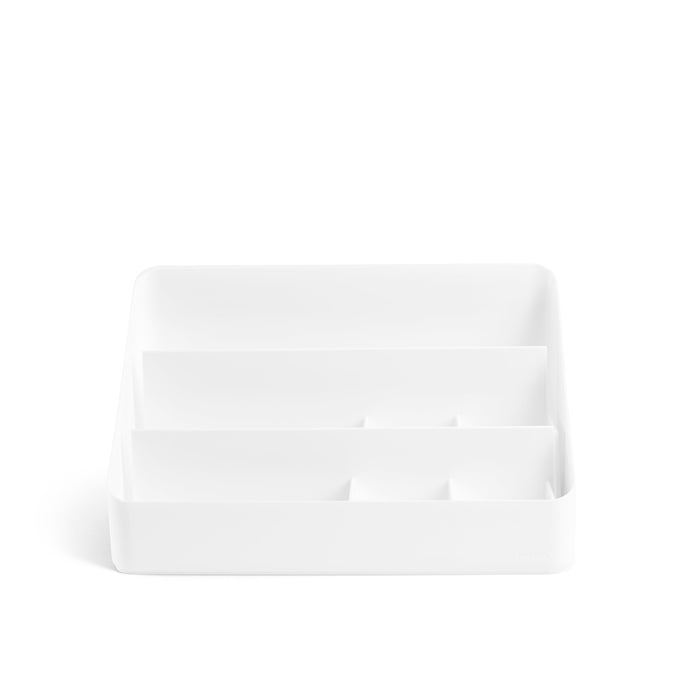 White desk organizer with multiple compartments on a white background. (White)