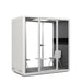 Office pod with glass doors, white chair, and table on a white background. (White)