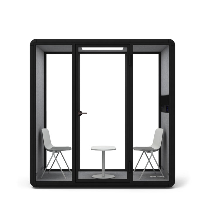 Modern black frame glass pod with chairs and table isolated on white background. (White)