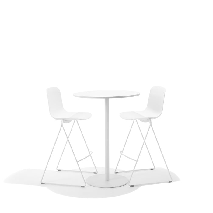 Two modern white bar chairs and round table on a white background (White)