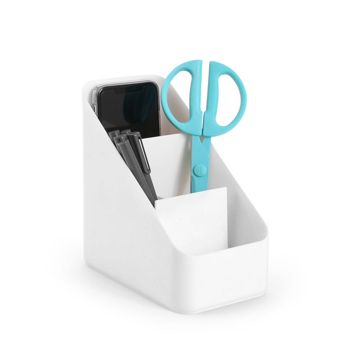 Desk organizer with smartphone, scissors, and pens on white background. (White)