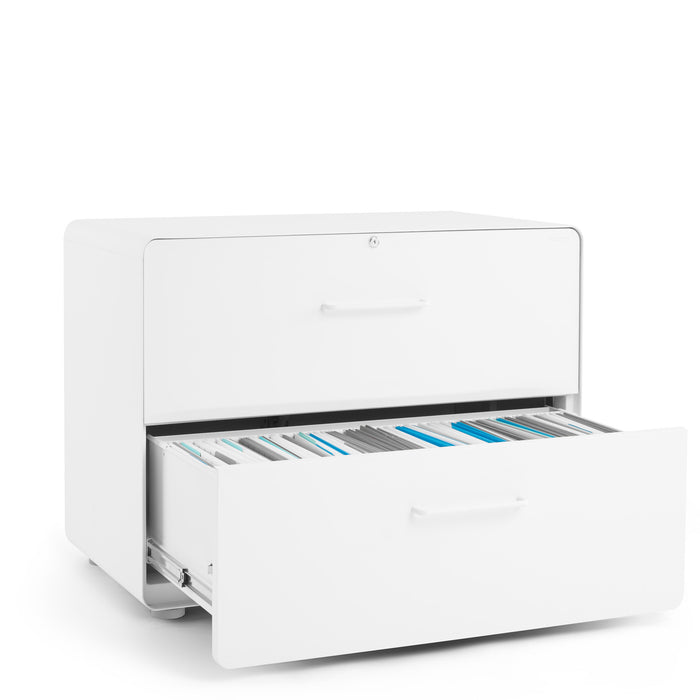 White filing cabinet with open drawer showing files on white background (White)