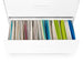 Organized file folders in an open white filing cabinet drawer. (White)
