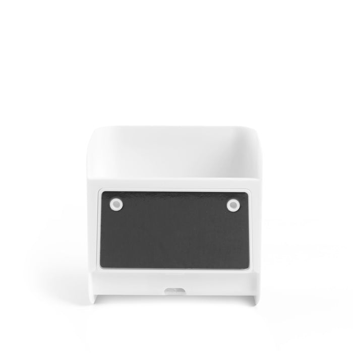 Compact white electronic device with blank black screen on white background. (White)