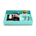 Blue organizer tray with smartphone, headphones, pen, wallet, clips, and plant (Aqua)