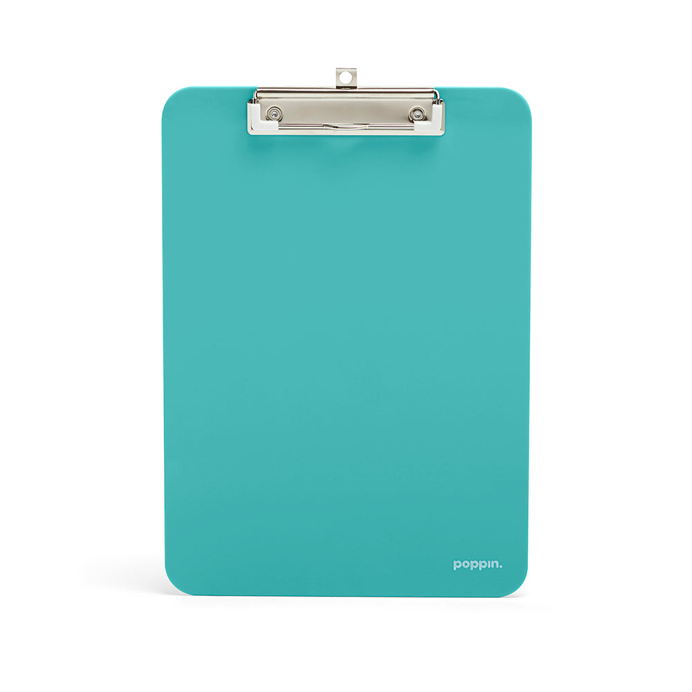 Aqua blue clipboard with metal clip on a white background. (Aqua)