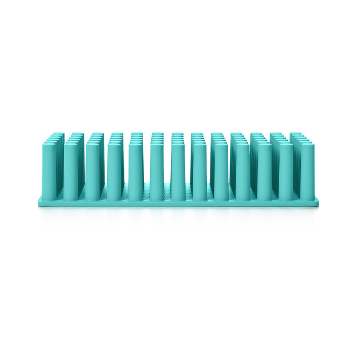 Turquoise test tube rack with empty slots on white background. (Aqua)