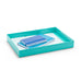 Mint green desk tray with blue notebooks on white background (Aqua)