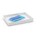 White desk tray organizer with blue notebooks and papers on a white background. (White)