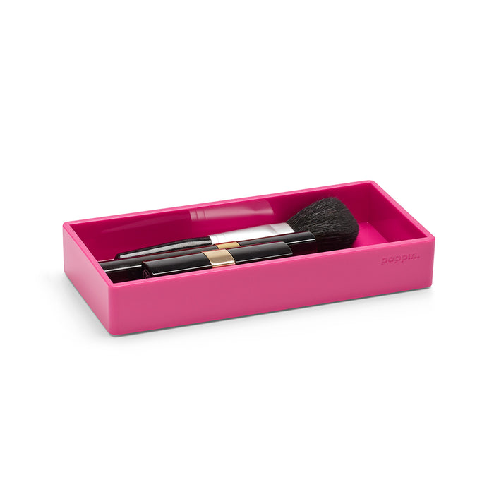 Pink desk organizer tray with black makeup brushes on a white background. (Pink)