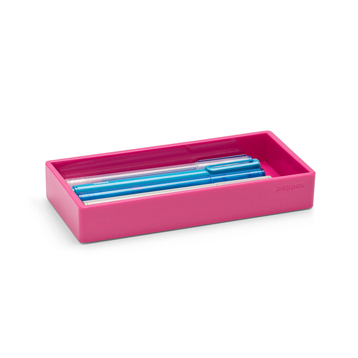 Pink desk organizer tray with blue pens on white background. (Pink)