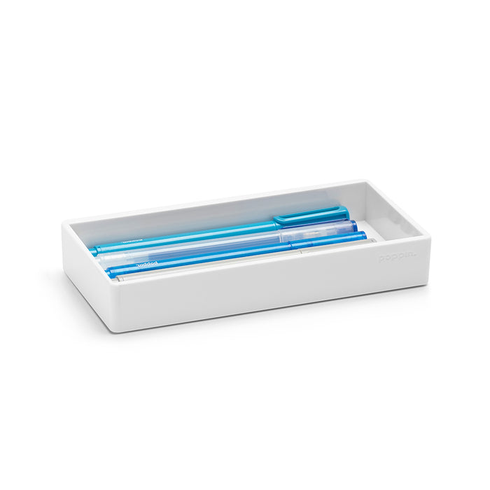 White desk organizer tray with blue pens on a white background. (White)