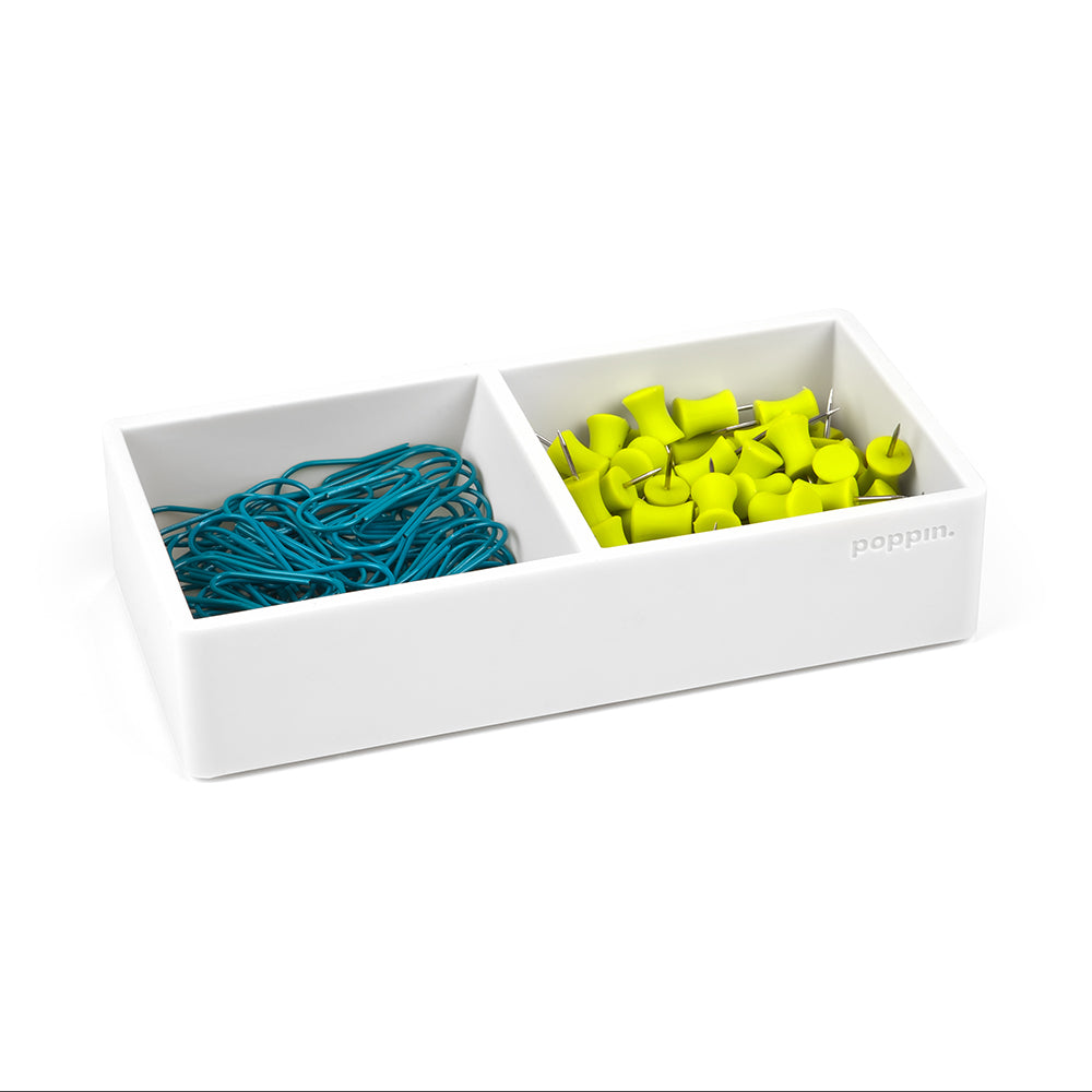 White desk organizer with two compartments on a white background. (White)