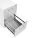 White modern file cabinet with open drawer on a white background. (Light Gray-White)