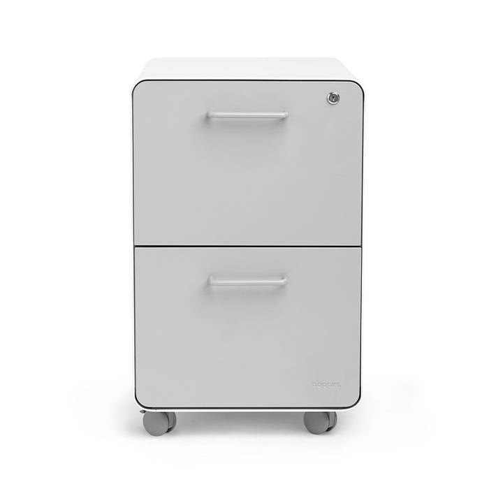 Gray two-drawer filing cabinet on wheels isolated on white background. (Light Gray-White)