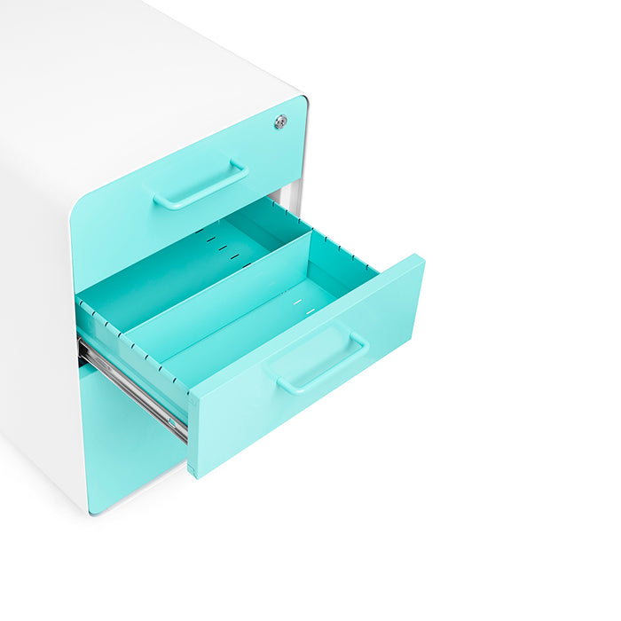 White office storage cabinet with open turquoise drawers on a white background (Aqua-White)