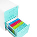 Colorful file folders organized in an open white filing cabinet drawer against a white background. (Aqua-White)