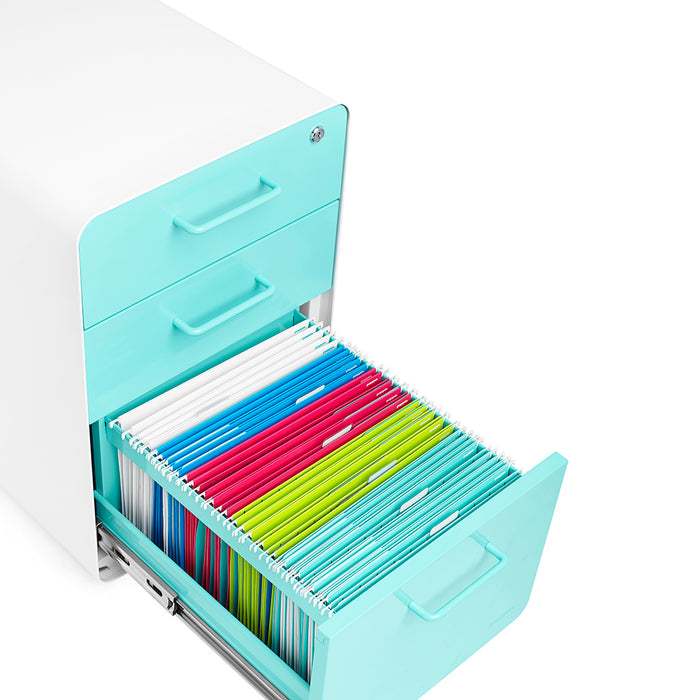 Colorful files organized in an open white filing cabinet drawer against a white background. (Aqua-White)