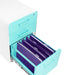 Modern white file cabinet with open turquoise drawer showing purple folders on a white background. (Aqua-White)