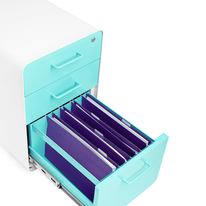 Modern white filing cabinet with open turquoise drawer filled with purple folders on white background. (Aqua-White)