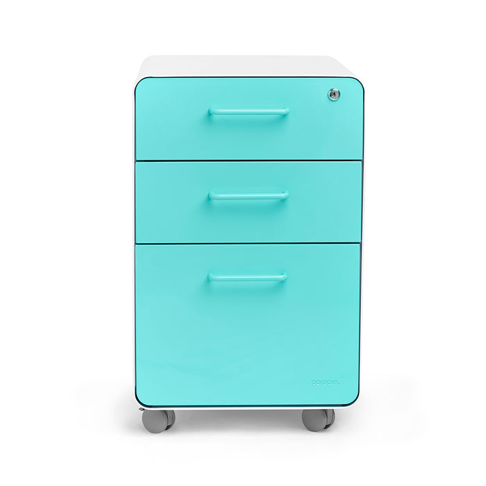 Turquoise three-drawer mobile filing cabinet on white background (Aqua-White)