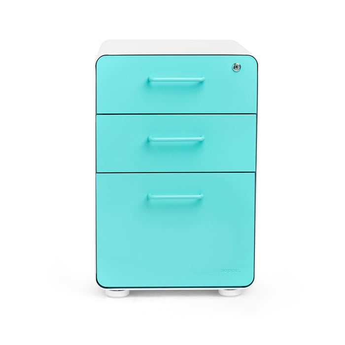 Turquoise blue modern three-drawer file cabinet on a white background. (Aqua-White)
