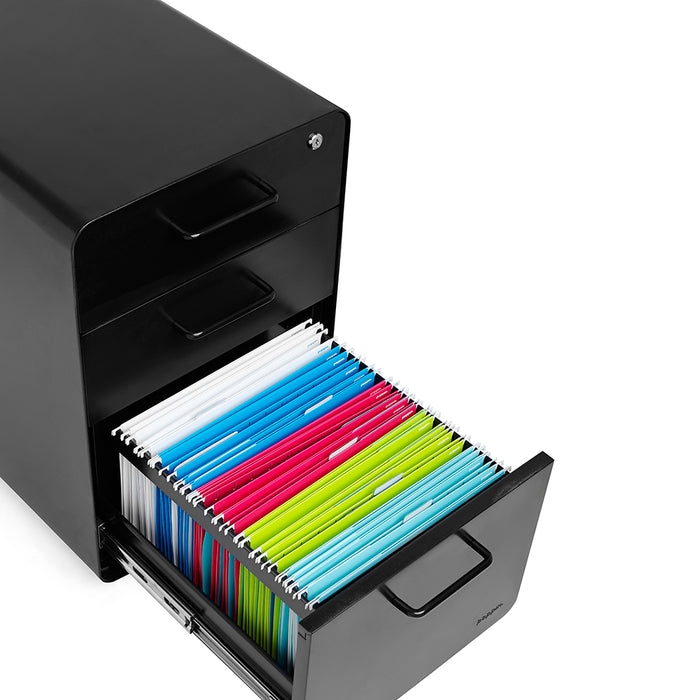 Black filing cabinet with colorful folders neatly organized in open drawer. (Black-Black)