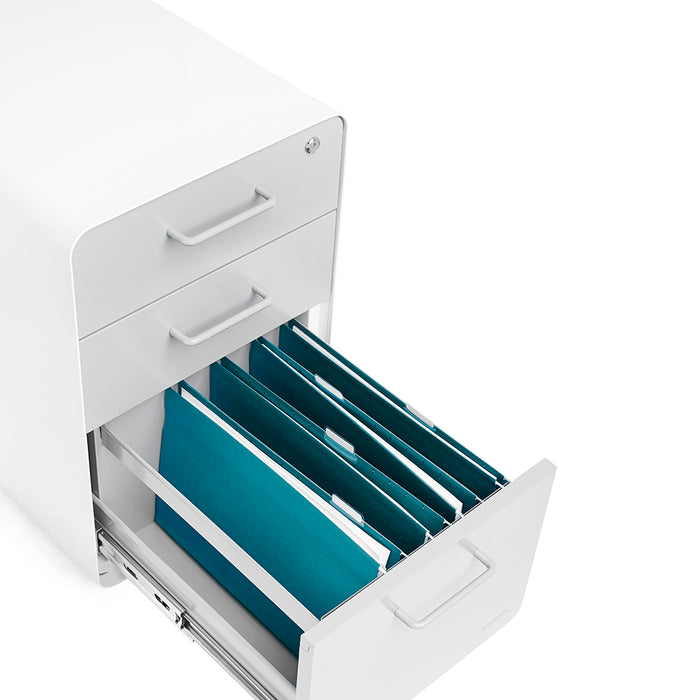 White filing cabinet with open drawer displaying organized blue folders against a white background. (Light Gray-White)