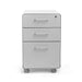 White modern three-drawer mobile file cabinet on wheels against a white background. (Light Gray-White)