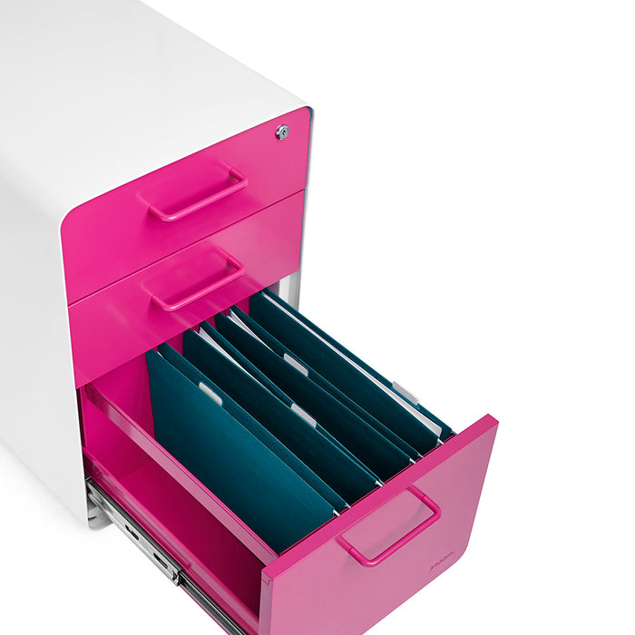 Pink filing cabinet with one drawer open showing hanging folders on a white background. (Pink-White)