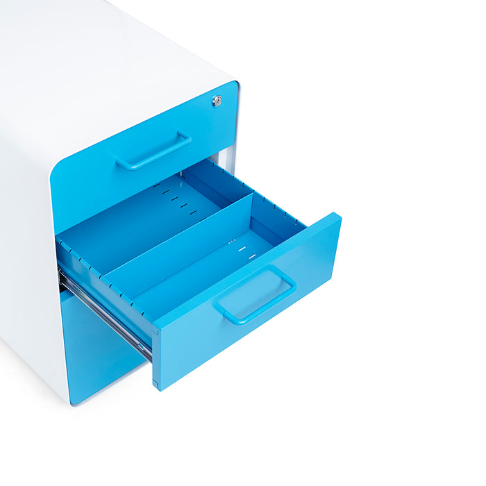 Blue open drawer in a white storage cabinet on a white background (Pool Blue-White)