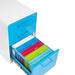 Open filing cabinet with colorful folders on white background (Pool Blue-White)