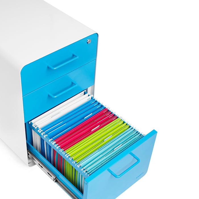 Blue office filing cabinet with multicolored folders organized inside. (Pool Blue-White)
