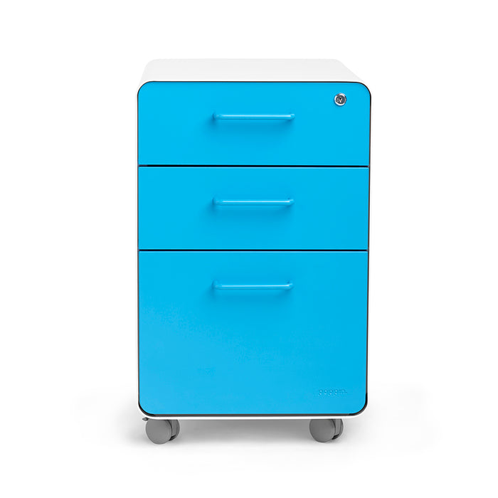 Blue three-drawer mobile pedestal cabinet on white background. (Pool Blue-White)