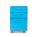 Blue three-drawer mobile pedestal cabinet on white background. (Pool Blue-White)