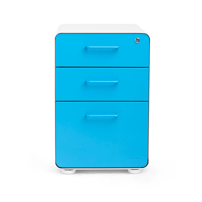 Blue three-drawer modern filing cabinet isolated on white background (Pool Blue-White)