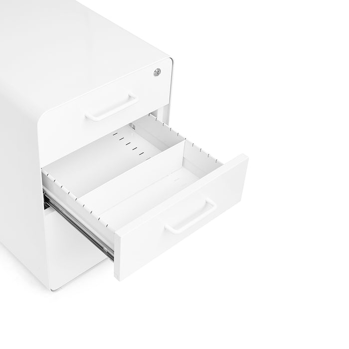 Modern white office printer with an open paper tray on a white background. (White-White)
