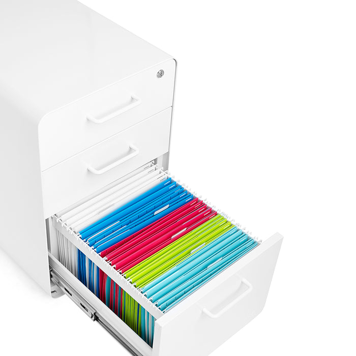 Colorful file folders organized in an open white filing cabinet drawer (White-White)