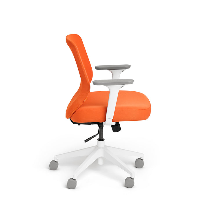 Ergonomic orange office chair with adjustable armrests on a white background. (Orange-Mid Back)