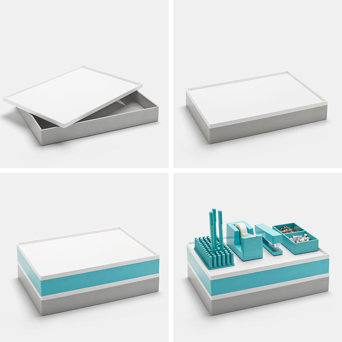 White open and closed gift boxes in various views with decorative ribbon and office supplies set (White)(Aqua)(Blush)