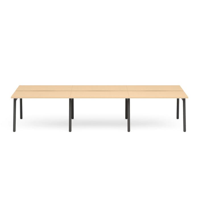 Modern extendable wooden dining table with black legs on a white background. (Natural Oak-47&quot;)